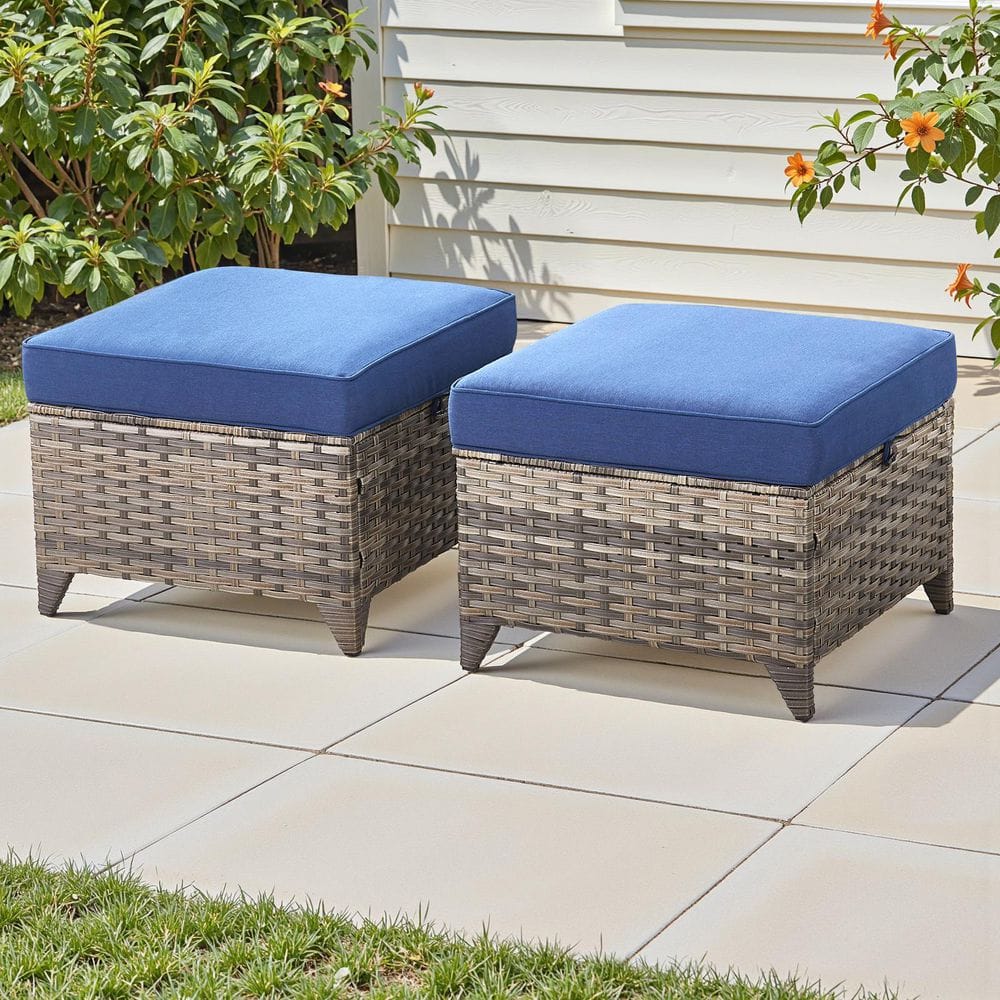 Halara 2-Piece Gray Wicker Outdoor Ottoman, Steel Frame All Weather Patio Footrest Seat with Removable Blue Cushions price history on PriceWatchPro