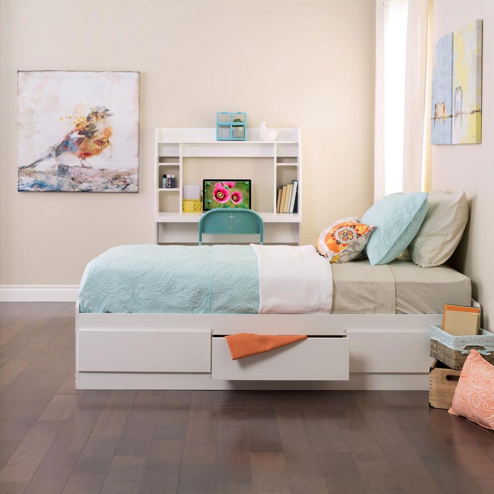 White Twin Wood Frame Platform Storage Bed with Drawers