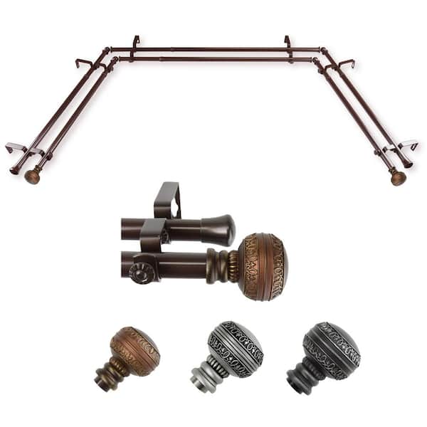 Rod Desyne 13/16" Dia Adjustable 20"-36", 38"-72" Bay Window Double curtain rod with Ornament Finials in Cocoa