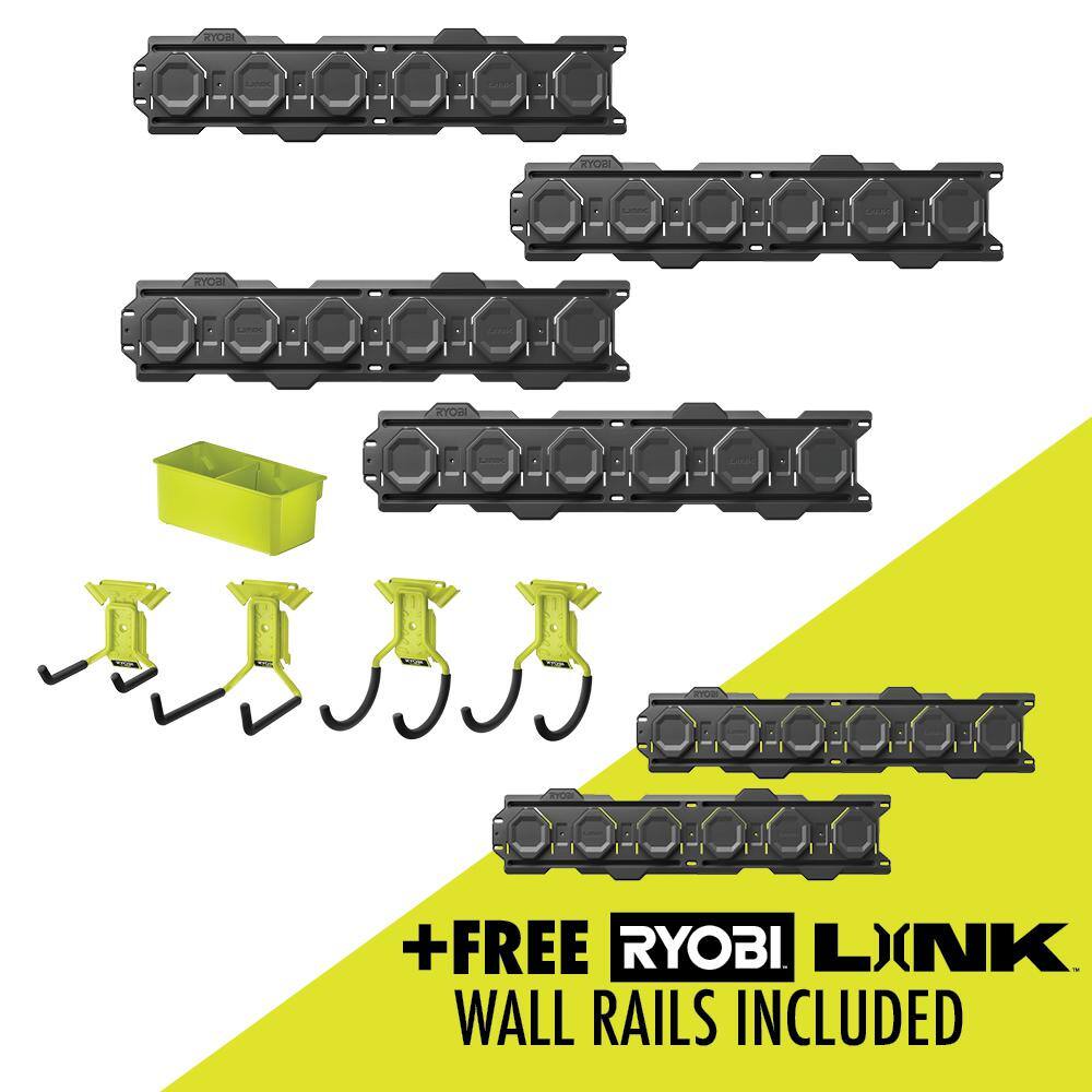 RYOBI LINK 7-Piece Wall Storage Kit with LINK Wall Rail (2-Pack) and ...