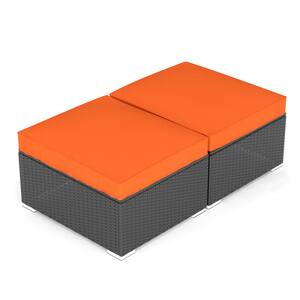 Black Wicker Outdoor Rattan Ottoman Withe Orange Cushion (2-Piece)