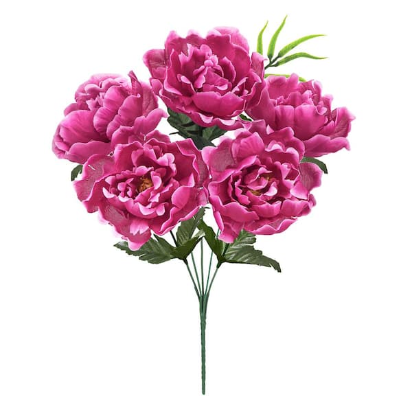LIVING LUXURY 14 in. Fuchsia Pink Artificial Open Peony Flower Stem Bush Bouquet (Set of 12)