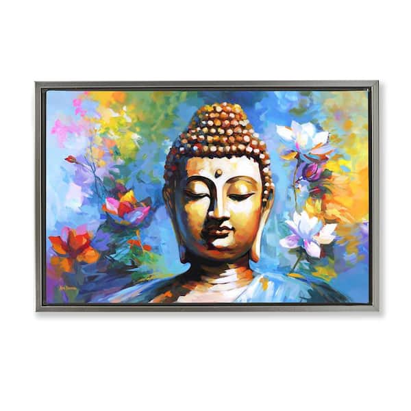 Stupell Industries Buddha with Bright Lotus by Leon Devenice Gray Floater Frame People Graphic Art Print 21 in. x 31 in.