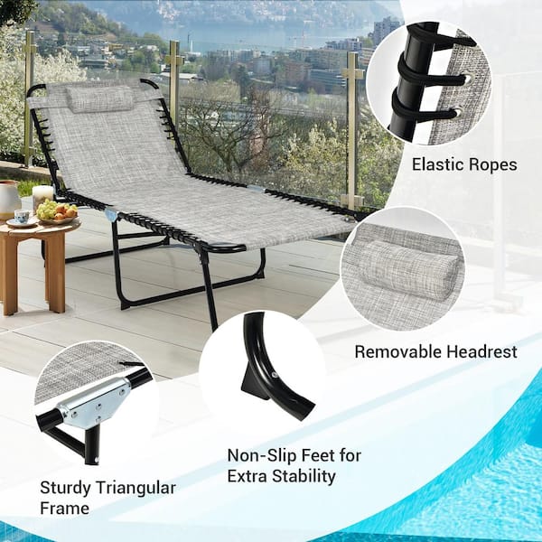 Costway Folding Beach Lounge Chair Heightening Design Patio Lounger w/  Pillow-Black