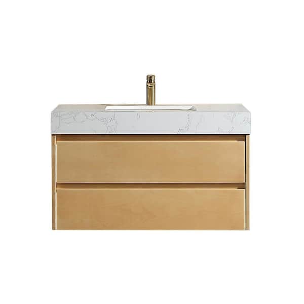 36 in. W x 20.8 in. D x 21.3 in. H Wall Mounted Floating Wood Bath Vanity Cabinet in Natural Oak with Ceramic Sink Top
