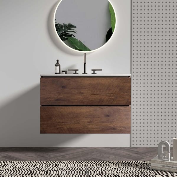 30 in. W Single Sink Floating Walnut Bath Vanity with White Ceramic Top