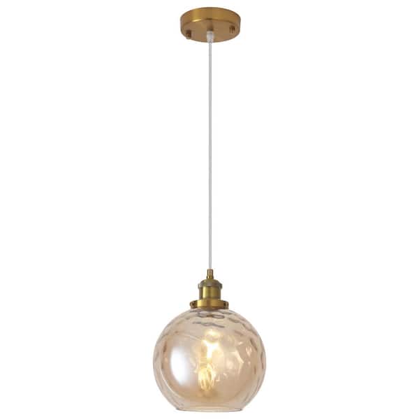 60-Watt 1-Light Gold and Amber Shaded Pendant Light with Globe Glass Shade, No Bulbs Included