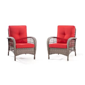 Brown Wicker Patio Outdoor Lounge Chair with Red Cushions Set of 2