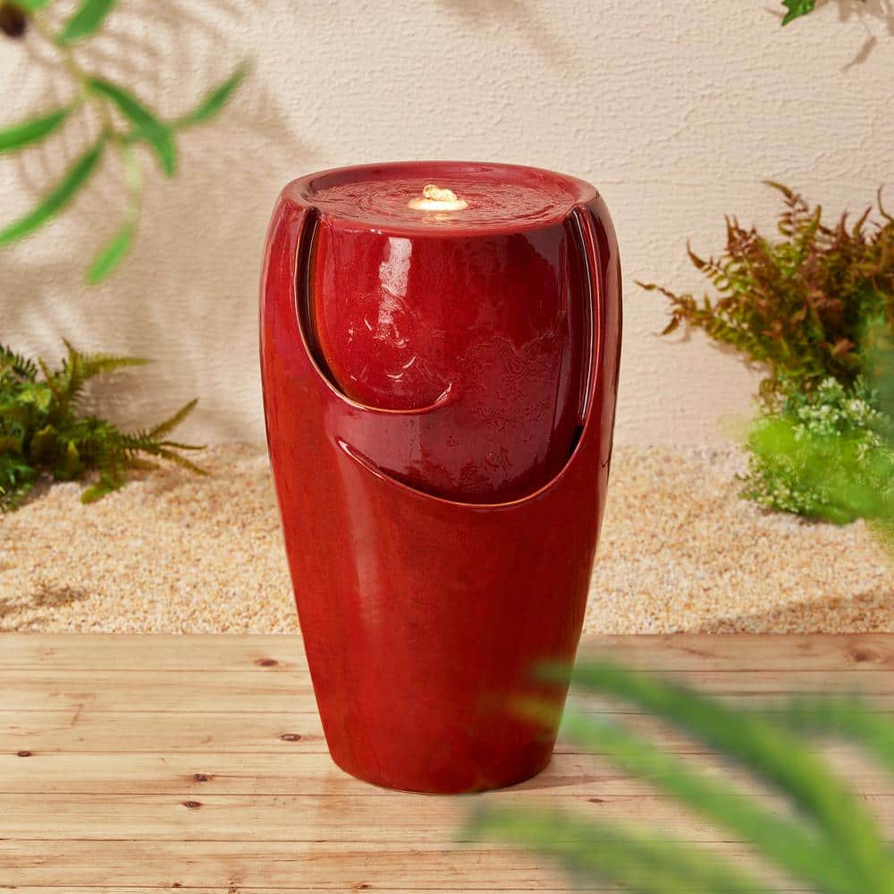 21.25" Red Ceramic Pot Fountain with LED Light