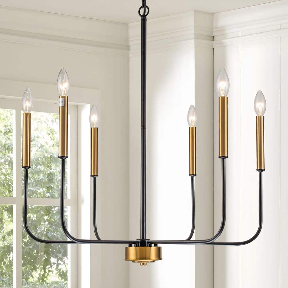 6-Light Black and Gold Farmhouse Candle Chandelier for Parlor, Reception Ro
