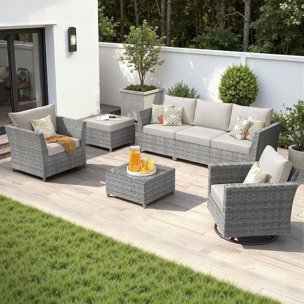 Auris Gray 7-Piece Wicker Outdoor Furniture Set Patio Conversation Set with Beige Cushions and Rocking Swivel Chair