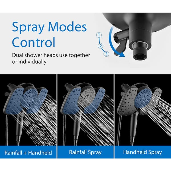2-Piece 2.5GPM Shower Heads Set in Black with 10 in. Rainfall Shower Head and 9 Spray Detachable Handheld Shower Head