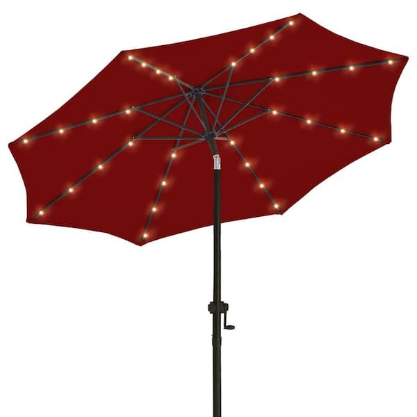 10 ft. Solar LED Lighted Market Patio Umbrella with Crank and Tilt in Burgundy