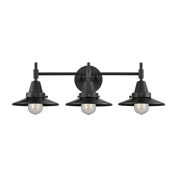 Railroad 26 in. 3-Light Matte Black Vanity Light with Metal Shade