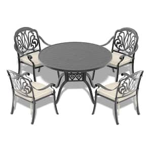 5-Piece Black Metal Outdoor Dining Set with Beige Cushions