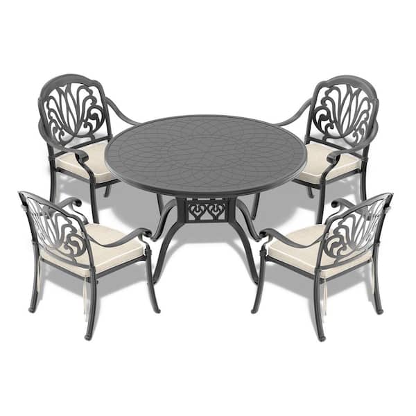 Tenleaf 5-Piece Black Metal Outdoor Dining Set with Beige Cushions