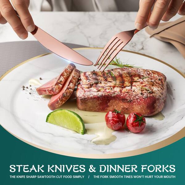 24-Piece Black Silverware Set with Steak Knives, Unique Flower Design  Flatware Cutlery Set, Fork Spoon Knife, Mirror Polished