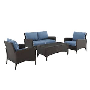 Kiawah 4-Piece Wicker Patio Conversation Set with Blue Cushions