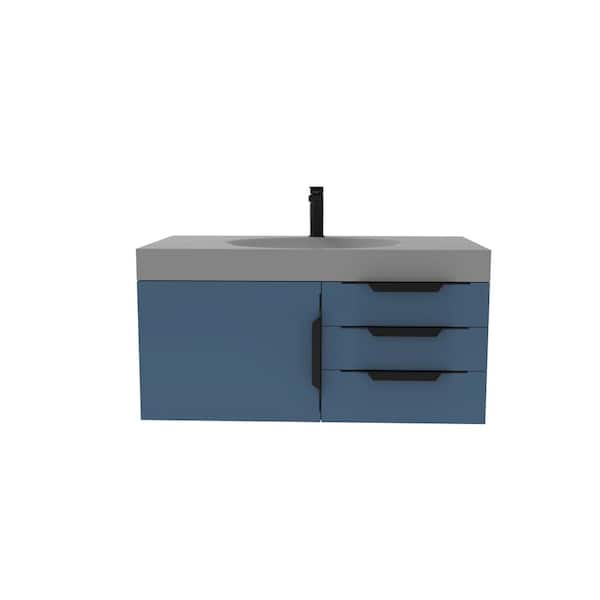 castellousa Thames 36 in. W x 19 in. D x 16.25 H Single Floating Bath Vanity in Blue in Black Trim with Solid Surface Gray Top