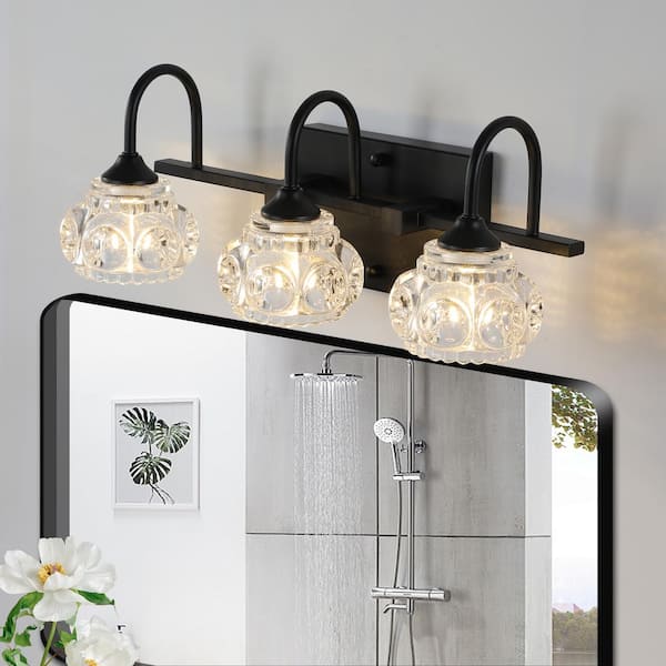 17.3 in. W 3-Light Bathroom Vanity Light Fixture with Crystal Glass Shades, Black, G9 Base, No Bulbs Included