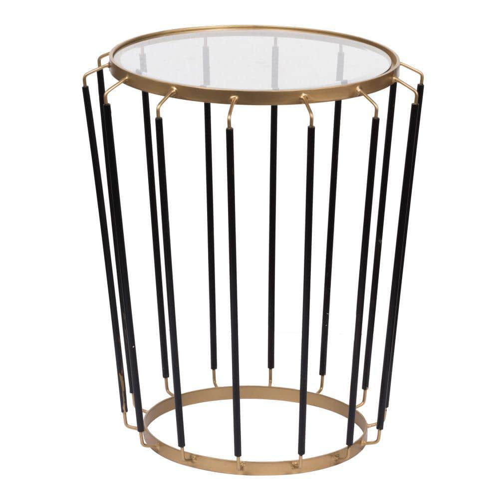 Benjara 19 in. Gold and Black Round Glass end table with Cage Pattern