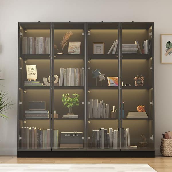 Black Wood Display Cabinet With Tempered Glass Doors and 3-Color LED Lights