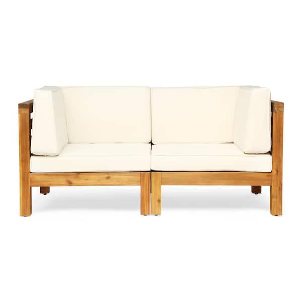 Noble House Jonah Teak Wood Outdoor Loveseat with Beige Cushions