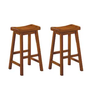 Nisky 28 in. Oak Finish Solid Wood Dining Stool with Wood Seat (Set of 2)