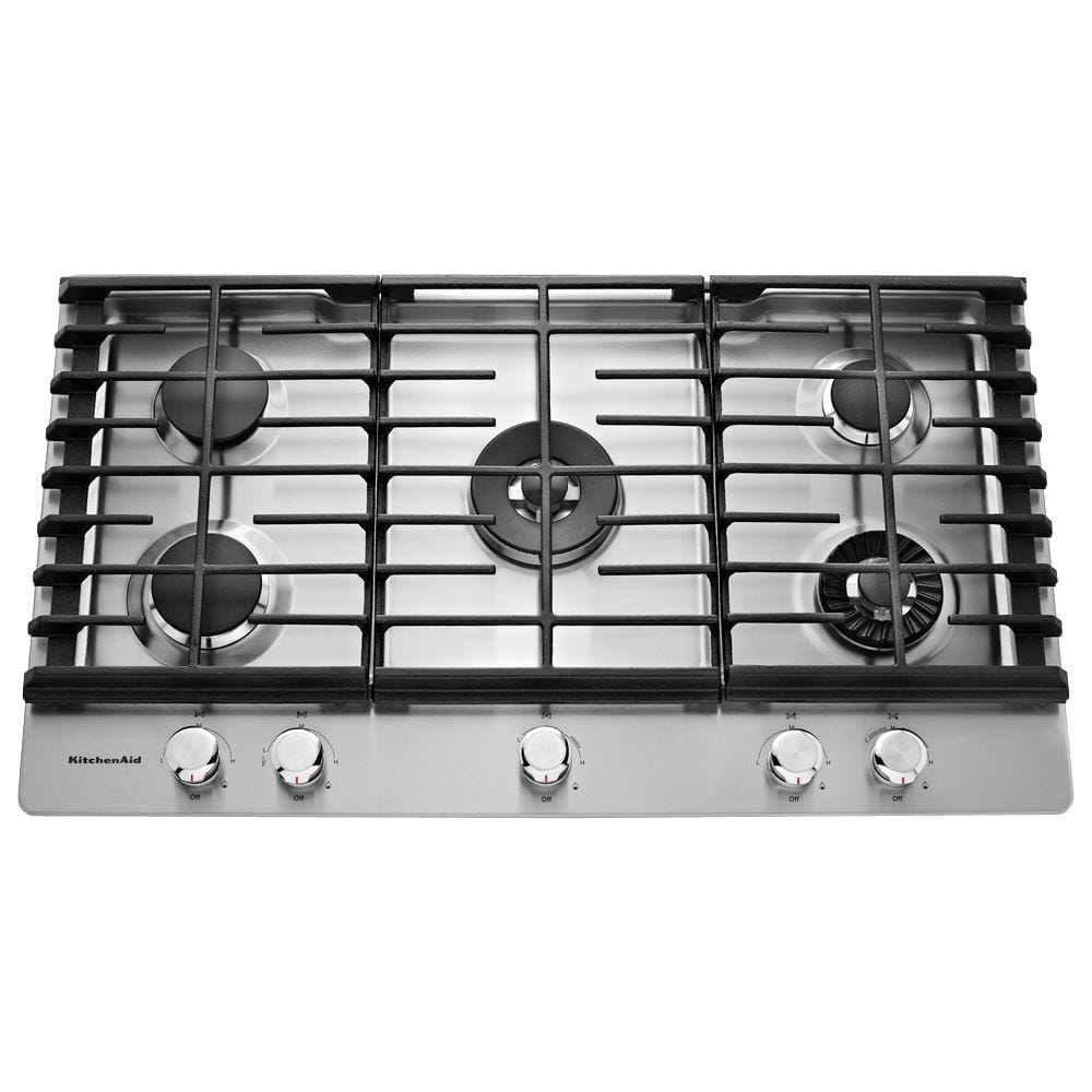 KitchenAid 36 in. Gas Cooktop in Stainless Steel with 5 Burners Including Professional Dual Tier, Torch and Simmer Burners, Silver
