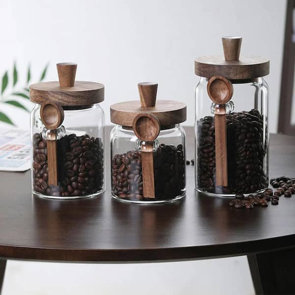 Unbranded 3-Piece Borosilicate Glass Storage Jars Set with Spoons and Heat-Resistant for Tea, Spices, Biscuits & Seasonings, Brown
