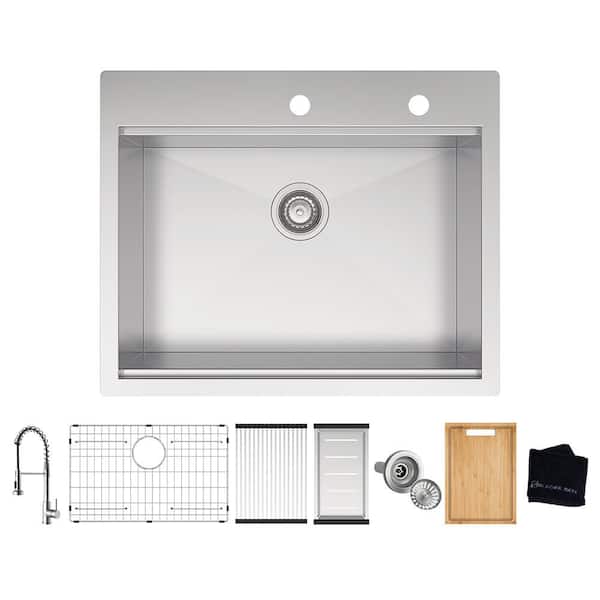 Zero Radius 27 in. Drop-In Single Bowl 18 Gauge Stainless Steel Workstation Kitchen Sink with Spring Neck Faucet