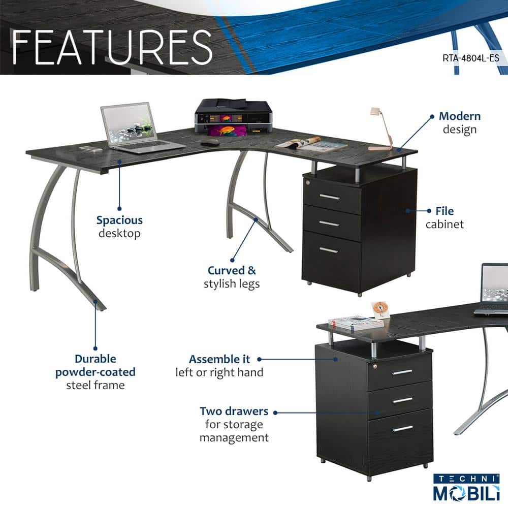 Espresso Wood L-Shaped Corner Desk with Drawer and Keyboard Tray