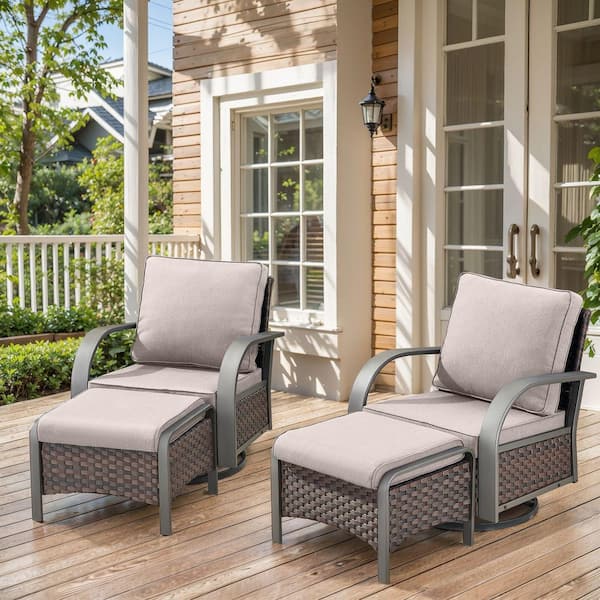 4-Piece Brown Wicker Outdoor Swivel Glider with Beige Cushions and Matching Ottomans Rocking Chairs for Patio or Garden