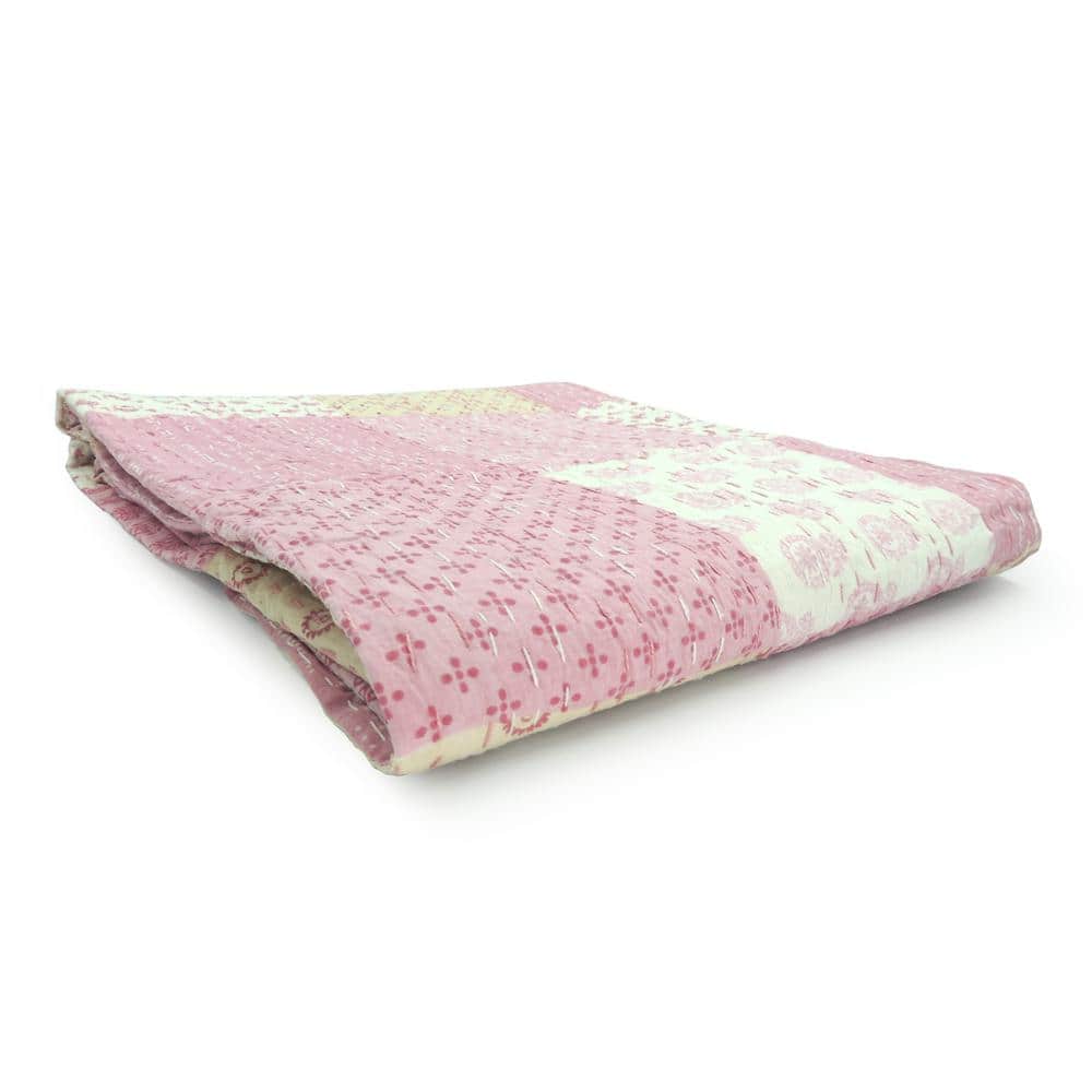 Light Pink Cotton Patchwork Kantha Throw Blanket, 50" x 70"