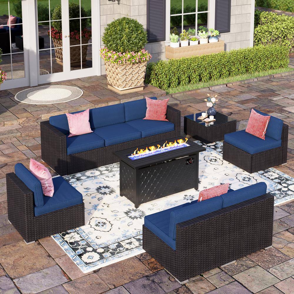 PHI VILLA Dark Brown Rattan Wicker 7 Seat 9-Piece Steel Outdoor Fire ...