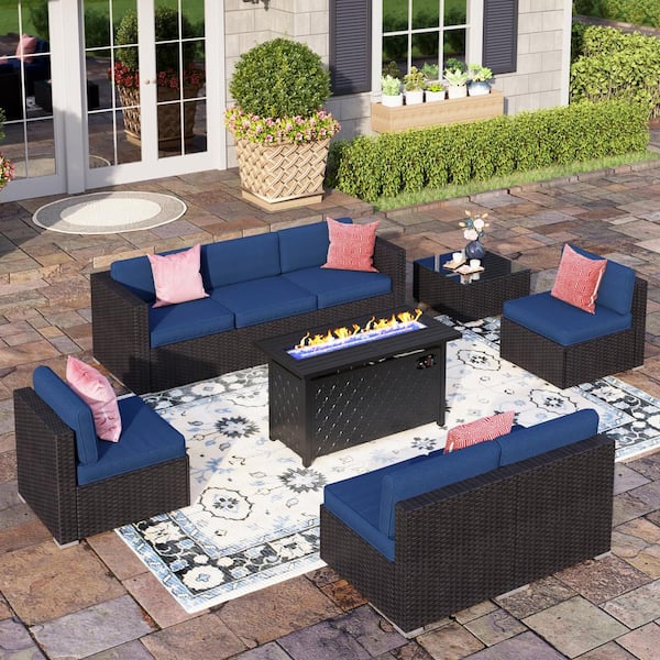 PHI VILLA Dark Brown Rattan Wicker 7 Seat 9-Piece Steel Outdoor Fire ...