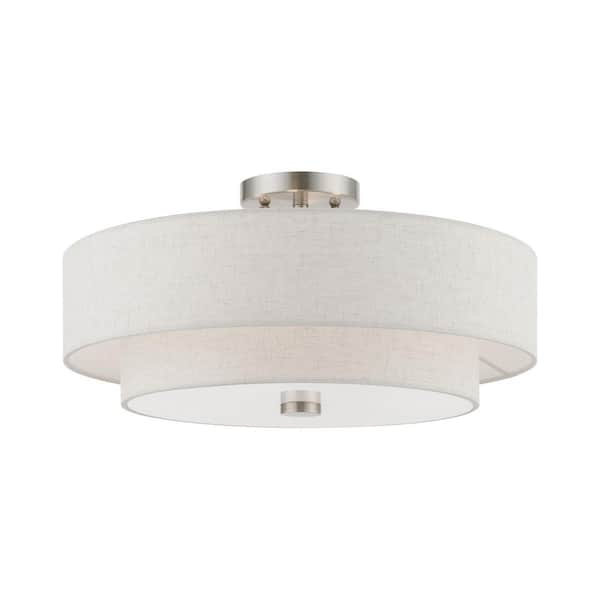 AVIANCE LIGHTING Mercury 18 in. 4-Light Brushed Nickel Semi-Flush Mount with Oatmeal Color Fabric