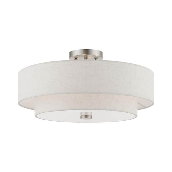 Livex Lighting Meridian 18 in. 4-Light Brushed Nickel Semi-Flush Mount with Oatmeal Color Fabric