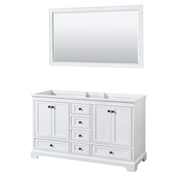 Wyndham Collection Deborah 59.25 in. W x 21.5 in. D x 34.25 in. H Double Bath Vanity Cabinet without Top in White with 58 in. Mirror