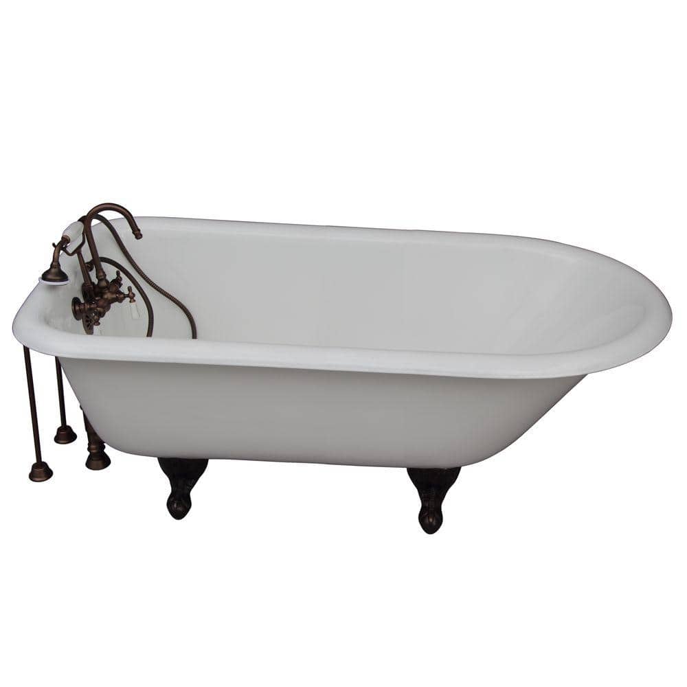 5.6 ft. Cast Iron Ball and Claw Feet Roll Top Tub in White with Oil Rubbed 