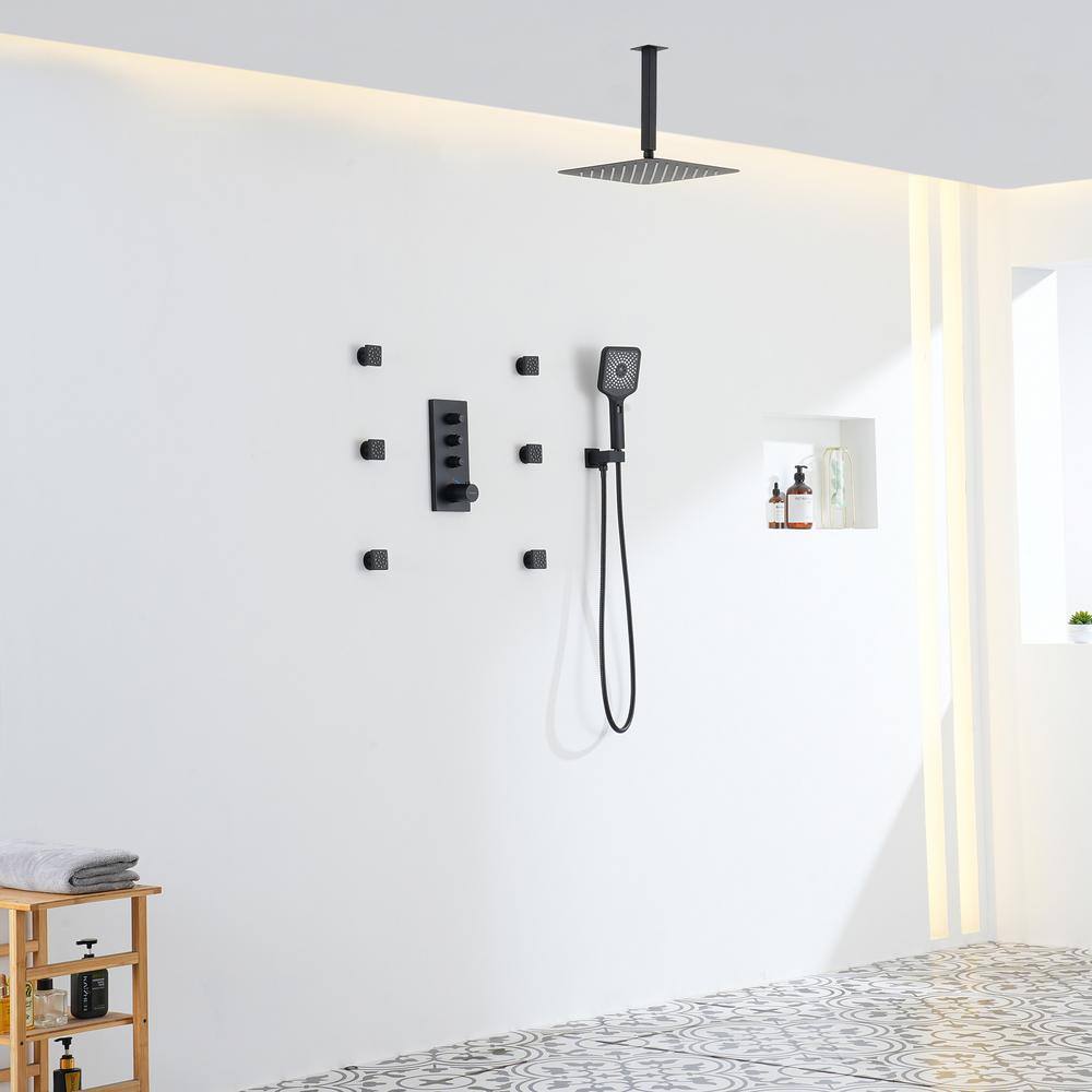 Matte Black Large Square Ceiling Mounted Dual Shower System