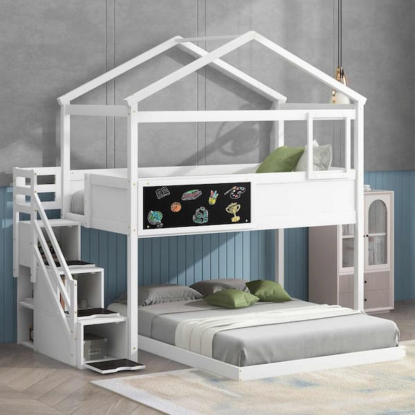 Polibi White Twin over Full House Bunk Bed with Storage Staircase and Blackboard