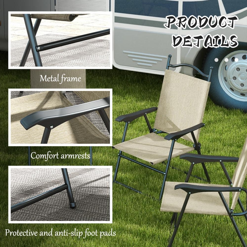 Beige Folding Camping Chairs with Armrests, Set of 4