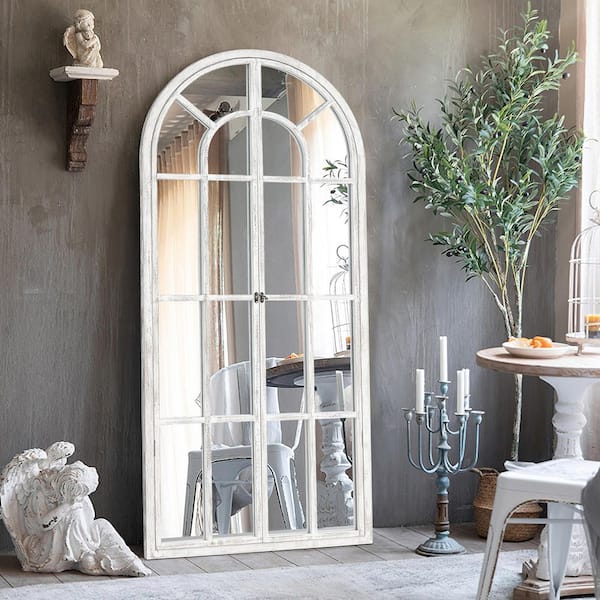 31.5 in. W x 71 in. H Oversize Classic Arched Solid Wood Framed White Floor Mirror
