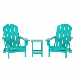 Laguna 3-Piece Fade Resistant Outdoor Patio HDPE Poly Plastic Folding Adirondack Chair Set with Side Table in Turquoise