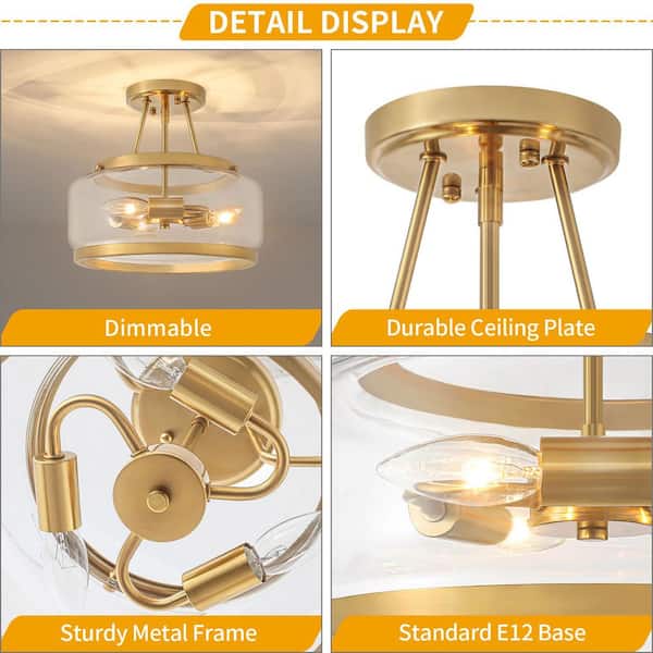 かなでもの　Gold × Glass　Ceiling Light 3 Hoengles Modern Semi Flush Mount Ceiling Light,Globe Milk