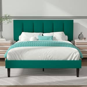 Upholstered Bedframe, Green Metal Frame Full Platform Bed with Adjustable Headboard, Wood Slat, No Box Spring Needed