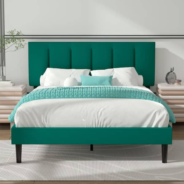 VECELO Upholstered Bedframe, Green Metal Frame Full Platform Bed with Adjustable Headboard, Wood Slat, No Box Spring Needed
