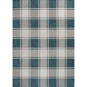 Sabine Traditional Farmhouse Bold Gingham Turquoise/Cream 3 ft. x 5 ft. Indoor/Outdoor Area Rug
