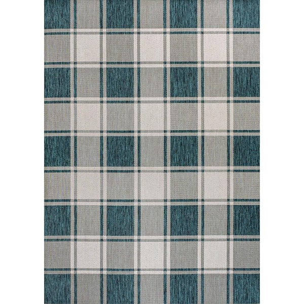Sabine Traditional Farmhouse Bold Gingham Turquoise/Cream 3 ft. x 5 ft. Indoor/Outdoor Area Rug